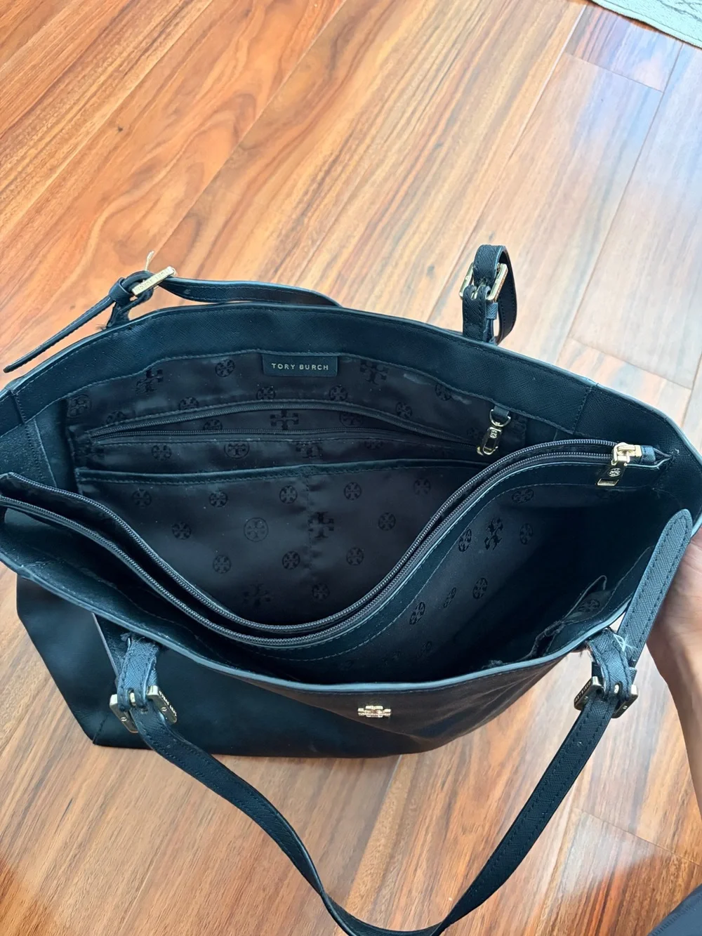 Tory Burch Black Leather Tote Bag Gold Hardware Work Laptop Shoulder Purse